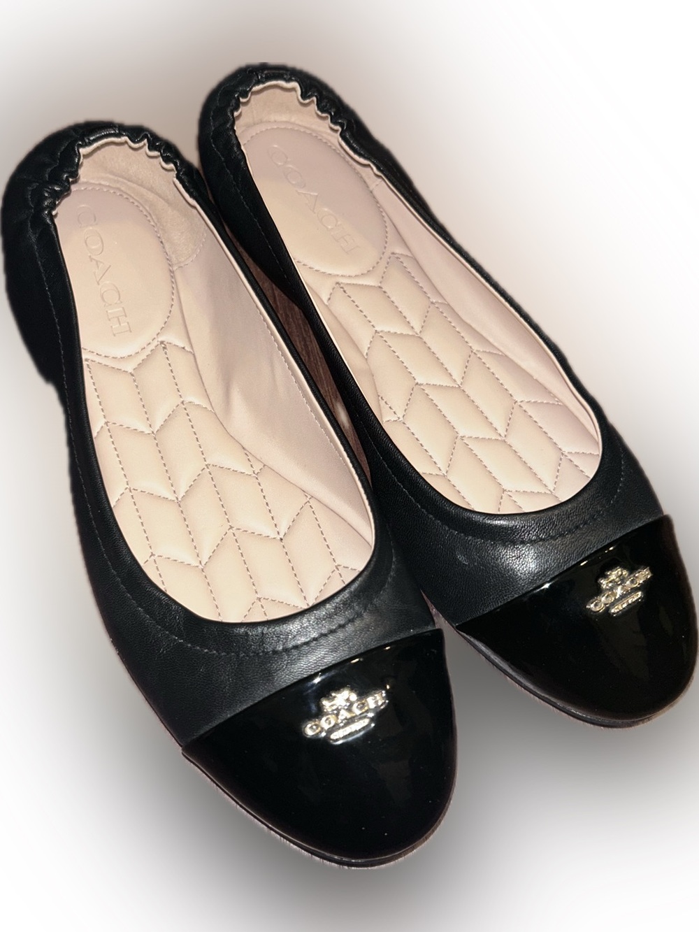 Coach Bonnie Black Leather Ballet Flats Patent Cap-Toe Gold Logo 8 Preppy Luxe